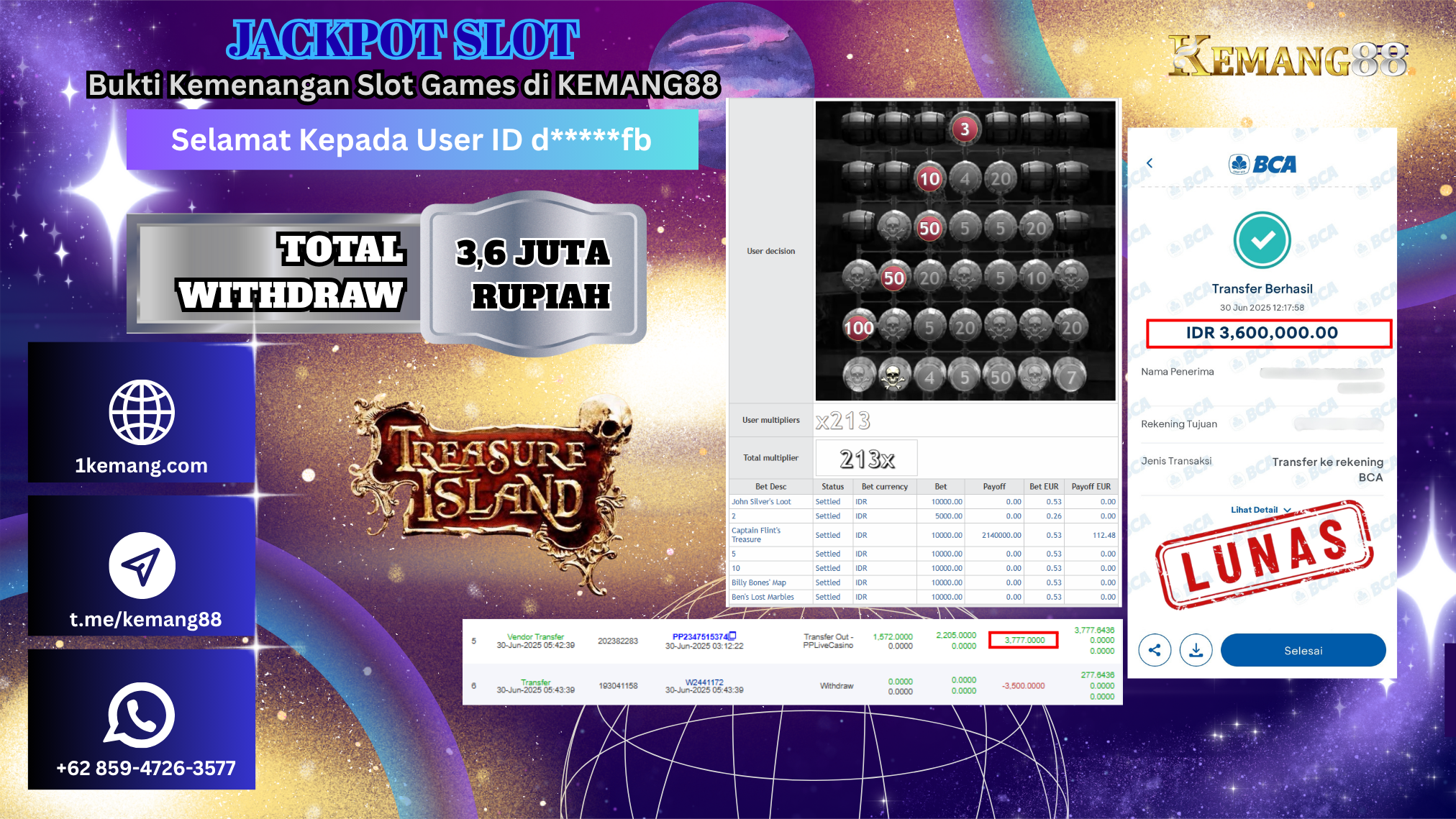 KEMANG88 [30 JUNI 2025] : JACKPOT PRAGMATIC PLAY LIVE CASINO [TREASURE ISLAND] Rp.3.6000.000.,- LUNAS
